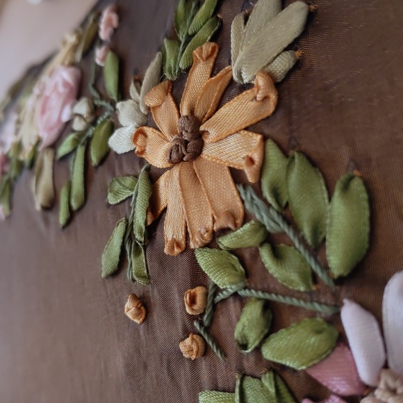 Embroidered Satin Pillow CASE ONLY, throw  cover, 3D floral ribbons, 18" x 18" - Picture 4 of 12